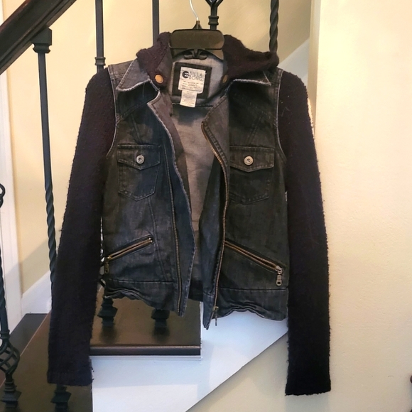 Jean jacket with black sweater sleeves and hood. Size small. - Picture 1 of 5